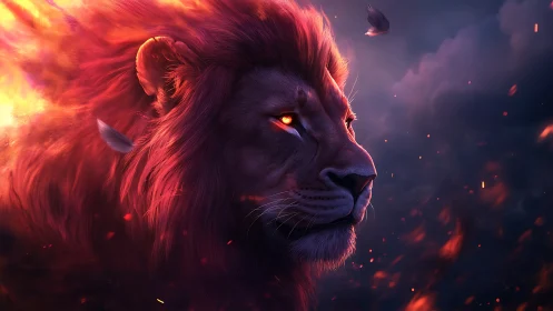 Fiery-maned lion gazes calmly through swirling embers
