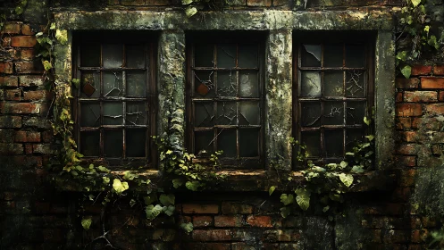 Triptych of moss-stained window frames with cracked, opaque glass