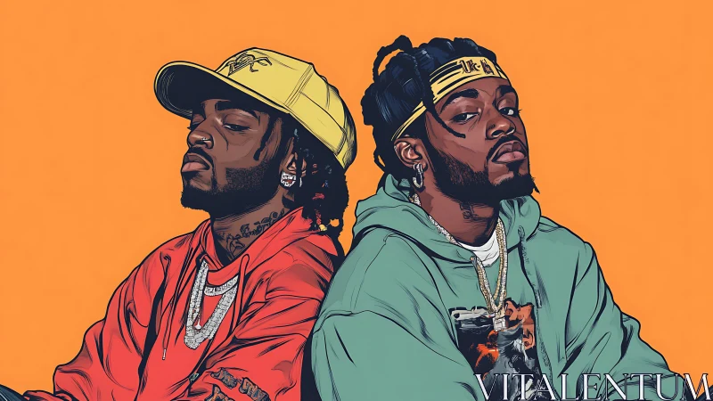 Dual hip-hop portrait captures bold streetwear and attitude.