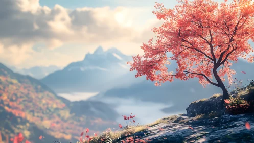 Solitary red tree on cliff above soft mountain valley.