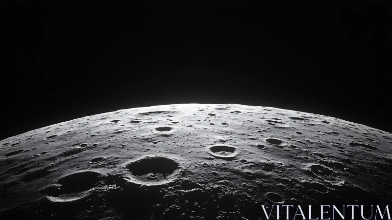 Lunar horizon with cratered surface in stark black space.