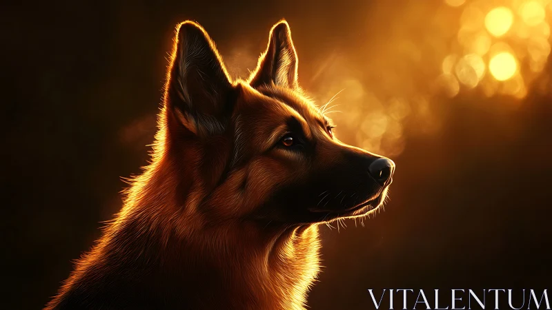 Regal German Shepherd glows in golden sunset light
