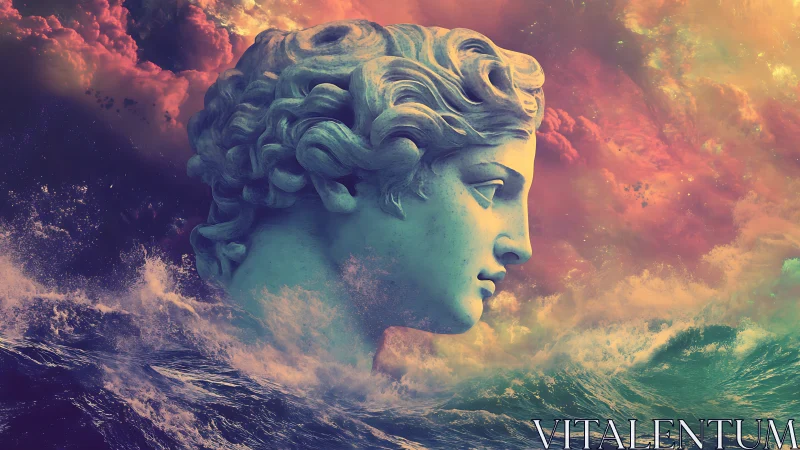 Dreamy ocean goddess gazing over swirling cosmic waves.