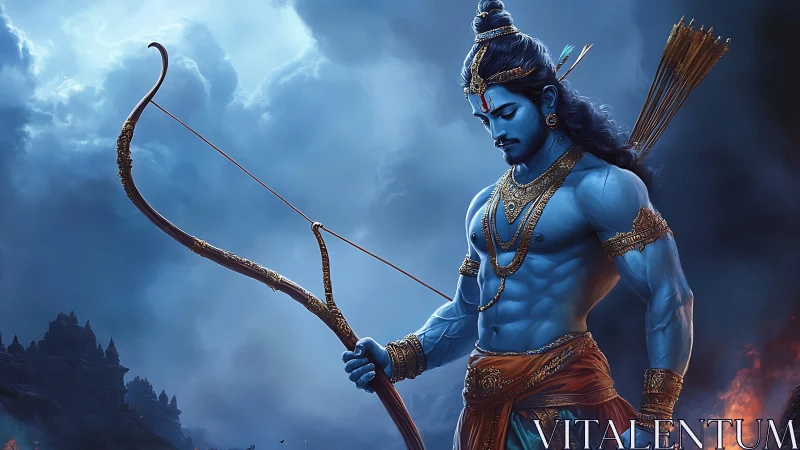 Serene blue archer stands poised in a stormlit mythical sky.