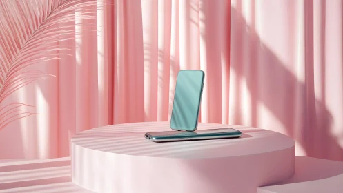 Modern smartphone display on pastel pink podium with soft light.