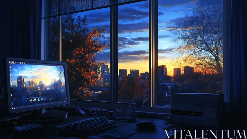 Office workstation facing city skyline at blue hour dusk.