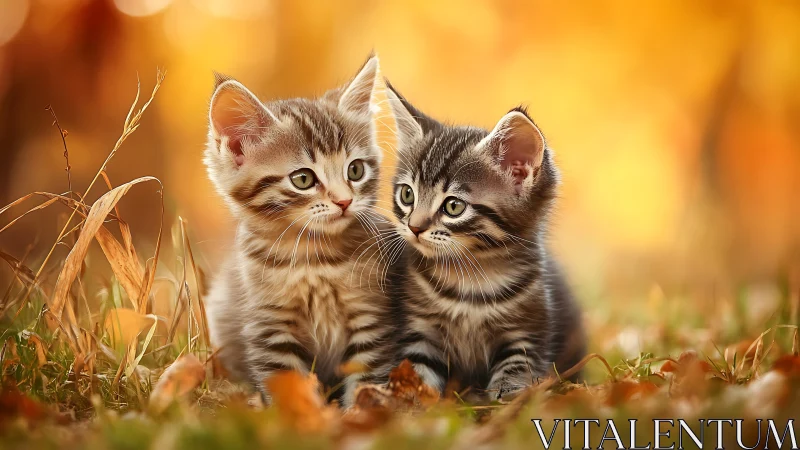 Two tabby kittens in autumn grass with warm golden light.