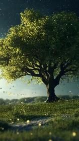 Golden evening tree glows softly under a dreamy starlit sky