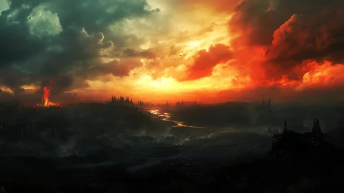 Post apocalyptic city under burning red storm sky.