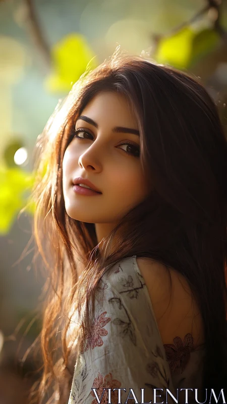 Young woman in soft sunlight with floral patterned dress.