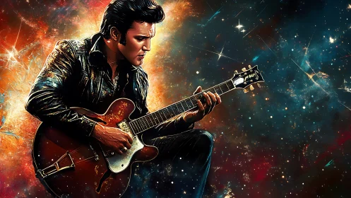 Starlit leather-clad guitarist bending galaxies into chords.