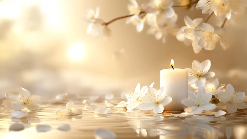Gentle candlelight glows among soft white blossom petals