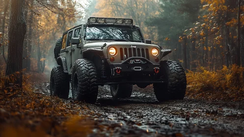 Mud-hungry off-road titan prowling a misty autumn forest.