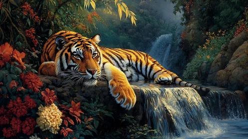 Gentle tiger resting by a glowing jungle waterfall scene.