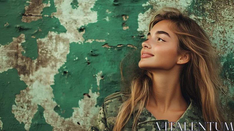 Smiling young woman in camouflage jacket, urban textured wall portrait.