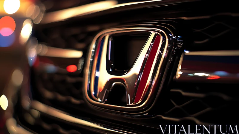 Chrome vehicle emblem is mounted on black grille at night