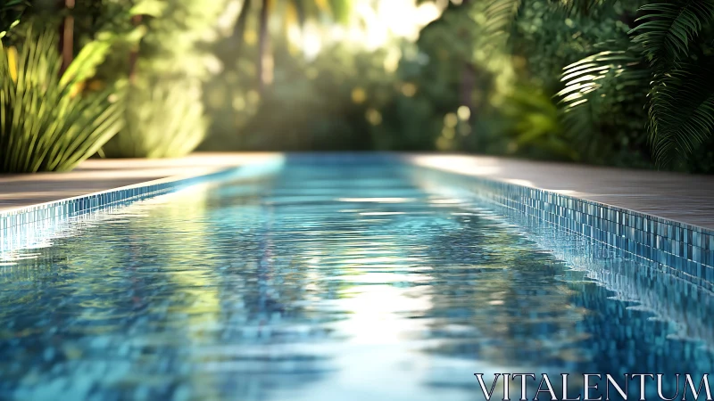 Rectangular outdoor pool with mosaic edge and foliage.