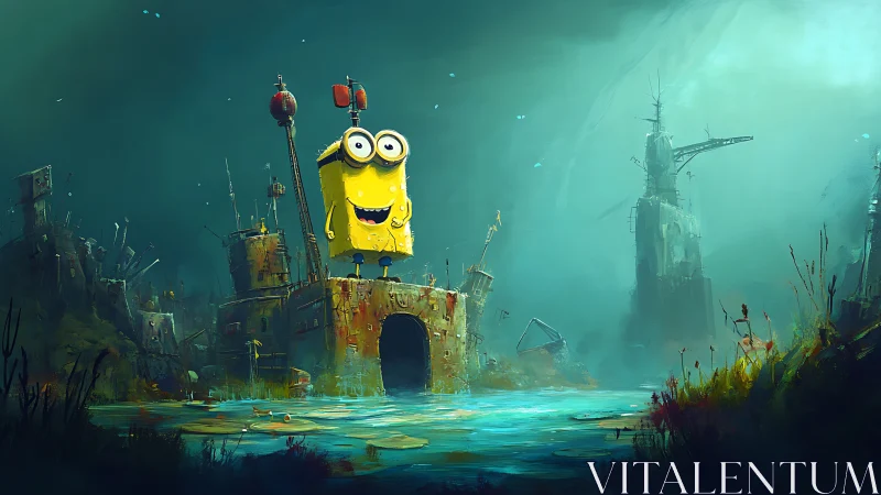 Yellow cartoon figure in flooded post-apocalyptic ruins.