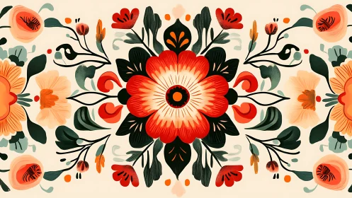 Blooming folk garden with bold red flowers and birds.