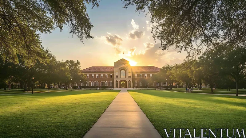 Sunlit campus hall crowned by golden horizon hush.