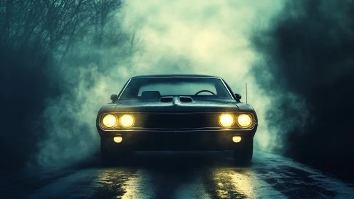 Moody classic muscle car glows on a misty forest road