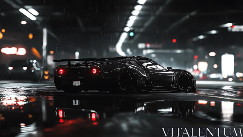 Low-angle render shows wet-surface reflections around black sports car