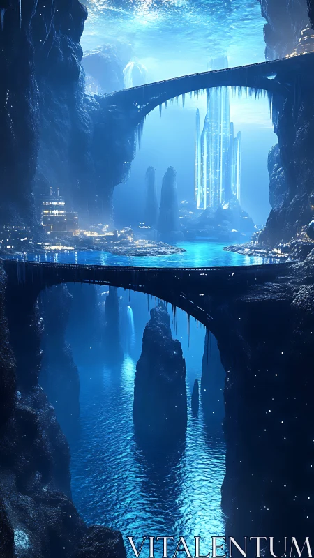 Futuristic cavern city rises above glowing underground water