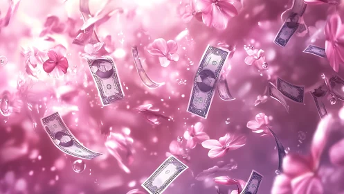 Banknotes waltz through rose-tinted petals in dreamy drift