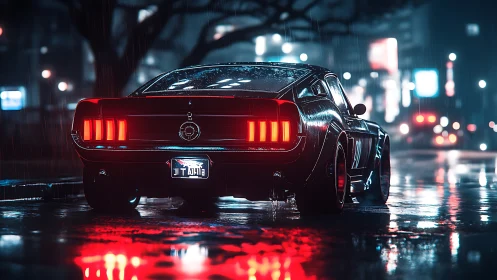 Retro muscle car in neon-lit rainy city street scene at night.