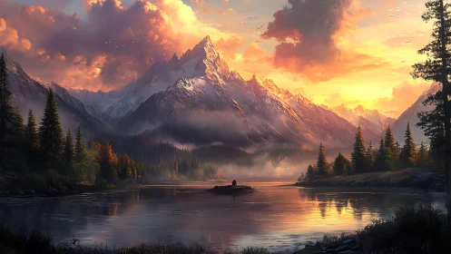 Sunset light crowns tranquil alpine lake and mountainscape.