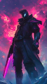 Neon-lit cybernetic warrior stands against volumetric magenta storm