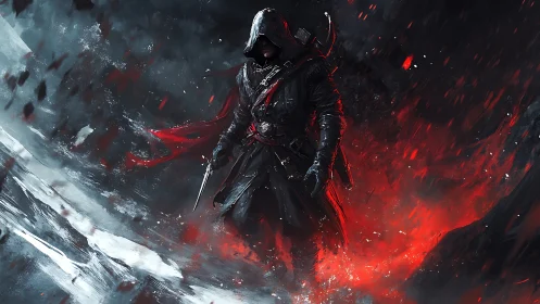 Hooded warrior figure in red and black storm environment.