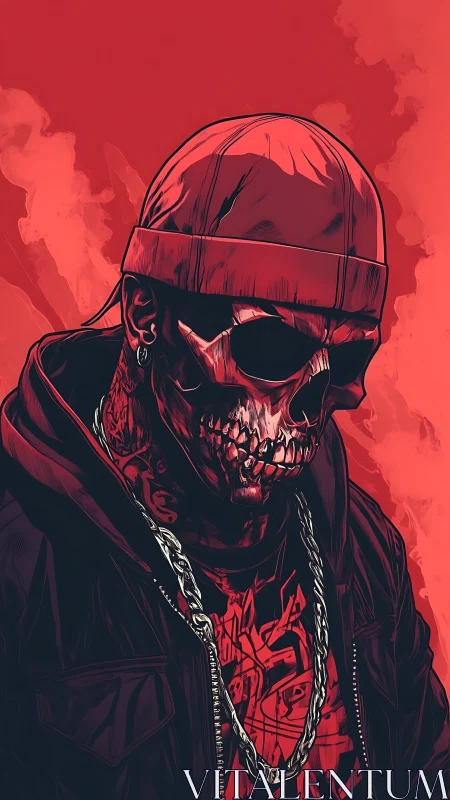 Hooded skull figure in red streetwear against bold backdrop.