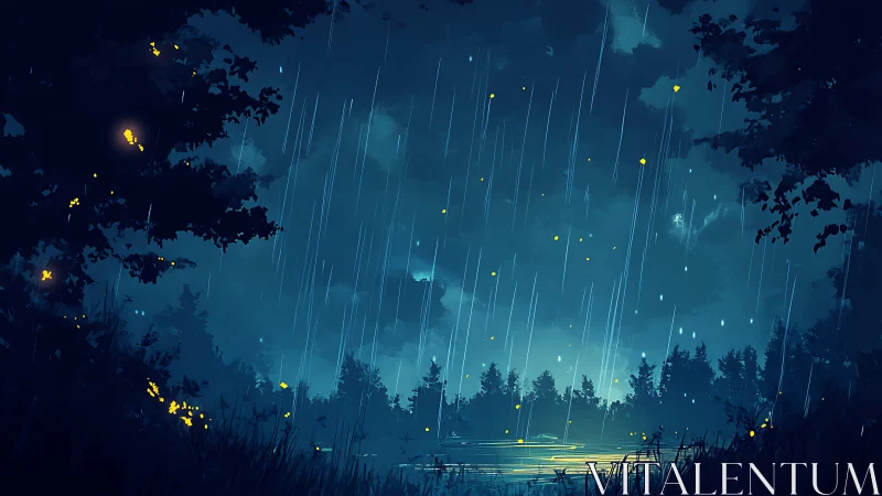 Nocturnal forest rainstorm illuminates firefly-lit lakeshore