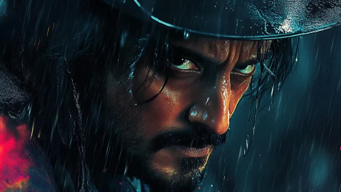 Brooding outlaw under rain with intense cinematic glare.