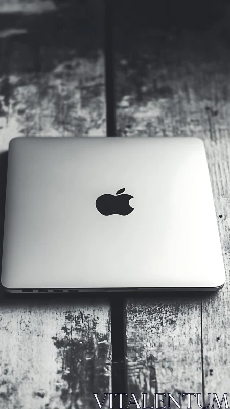 Quiet laptop moment on a weathered wooden worktable.