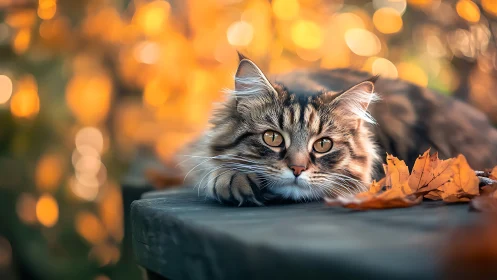 Tabby Cat at Rest Against Golden Autumn Bokeh.