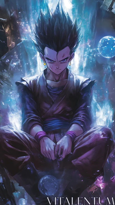 Calm warrior rests in glowing storm of swirling cosmic energy.