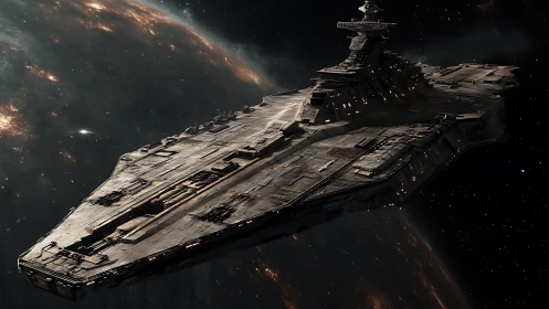 Massive wedge starship cruising above glowing planet in space.