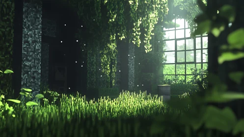 Overgrown interior with sunlight and digital foliage forms.