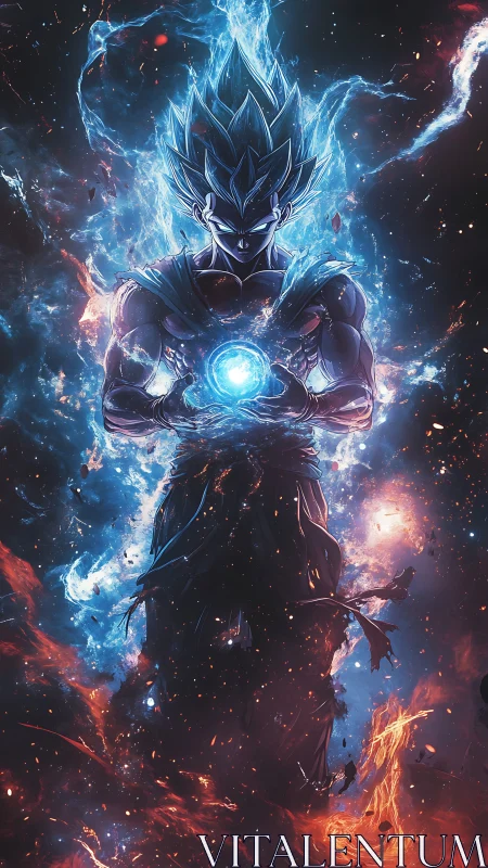 Blue energy warrior surrounded by cosmic fire power.