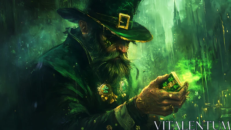 Mystic leprechaun conjuring emerald light in rain-soaked city.