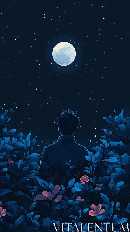 Solitary figure observes full moon above glowing night garden