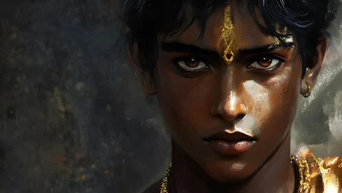 Digital painting portrait of regal youth with luminous gold accents.
