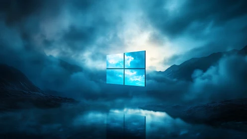 Floating luminous window logo hovers above misted cyber-lake