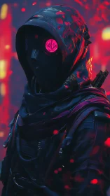 Cyberpunk cloaked operative with neon monocular visor profile.