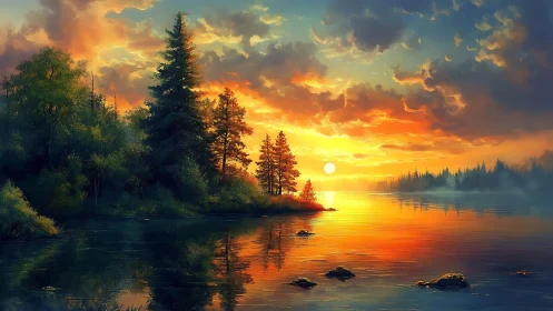 Sunset illuminates forested lake shoreline with cloud layers