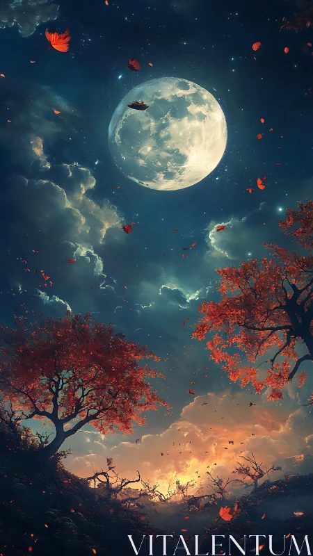 Full moon over autumn trees with dramatic glowing sky