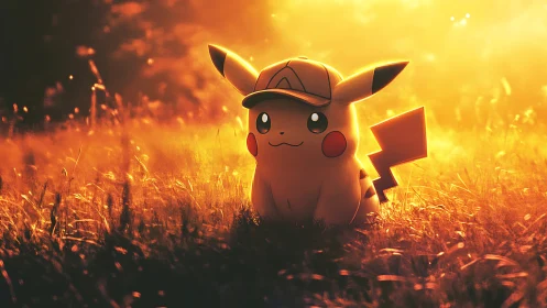 Sunset sparks around cap-wearing Pikachu in glowing meadow