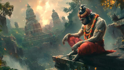 Meditating monkey deity above mist-wrapped jungle temples.